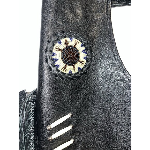 Black Leather Vest 20" & Chaps Adjustable Fringe Beads Trible Look Embellished - Picture 12 of 16